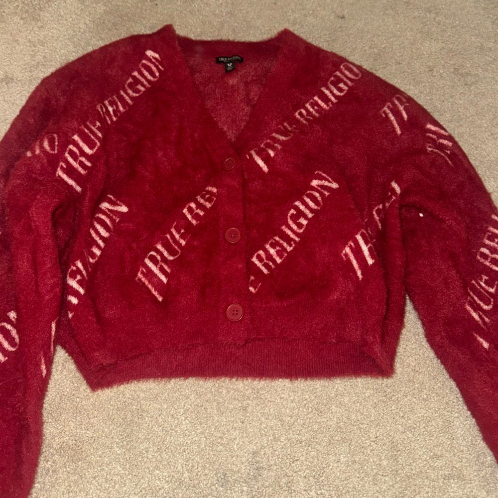Red Cardigan with White Text